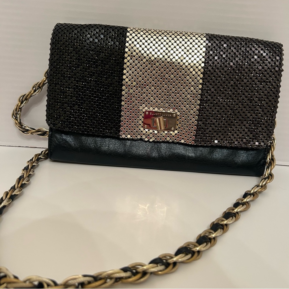 Elegant Elliott Lucca Crossbody Black Gold Clutch with Gold Chain